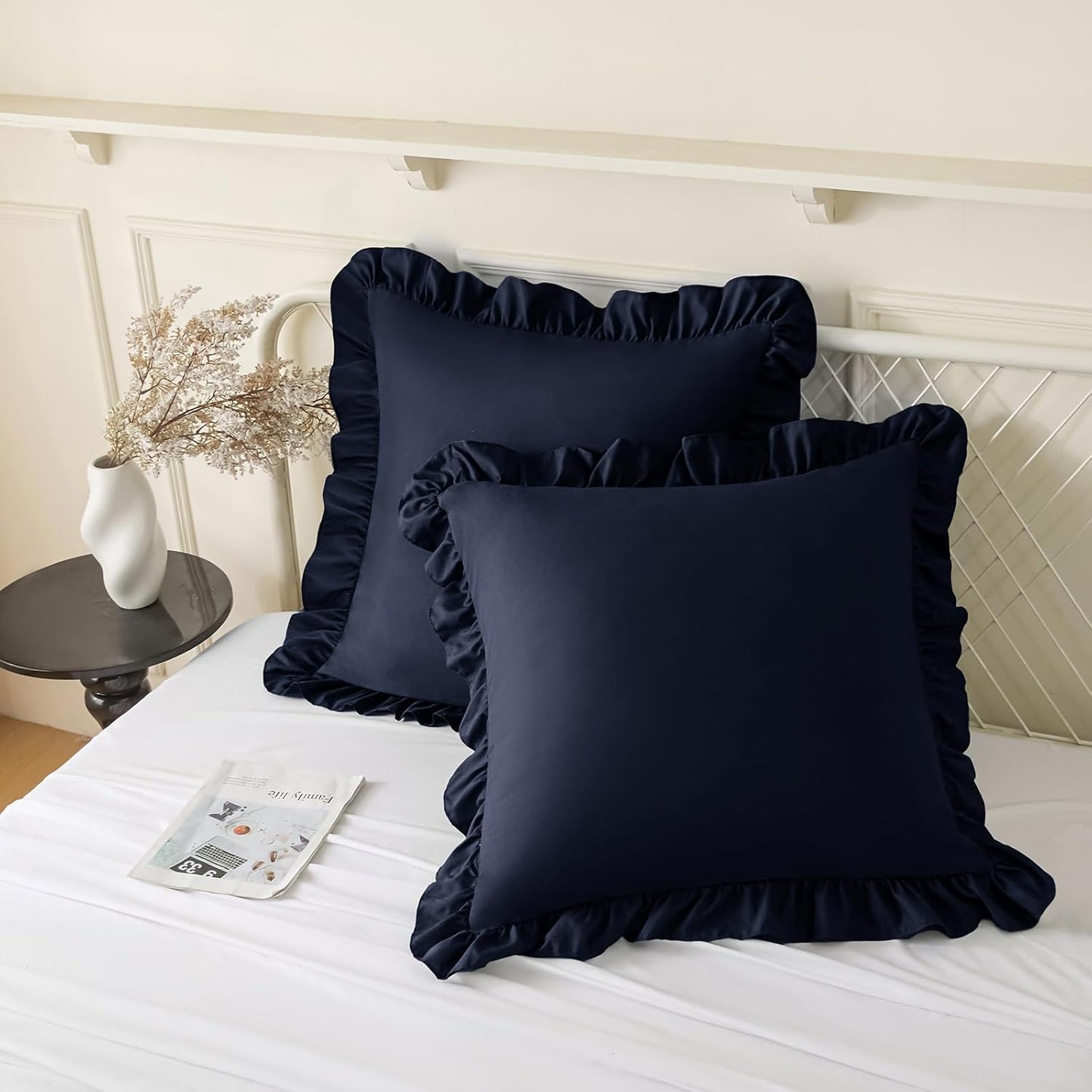 KKJIAF Ruffle Pillow Cases 26x26 Inches, White Square Ruffled Pillow Covers Set of 2, Microfiber Wrinkle Resistant Pillow Shams with Envelope Closure for Sofa Bed Living Room