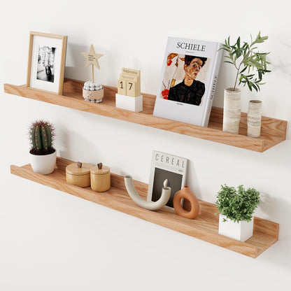 Axeman Oak Picture Ledge Shelf, 48 Inch Floating Shelves Set of 2, Solid Oak Wood Wall Shelves with Lip, Wall Decor Storage for Bedroom Living Room Bathroom Kitchen Nursery Photo Picture, Natural Oak