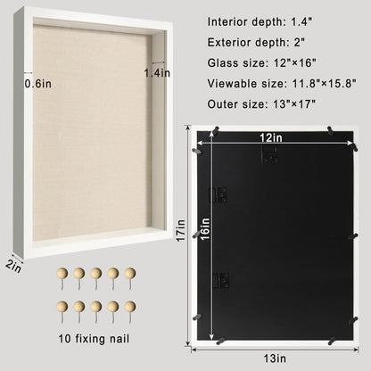 12x16 Large Shadow Box Picture Frame Display Case with Soft Linen Back, White Wooden Memory Shadow Box Frame with Tempered Glass Cover for Wall Display
