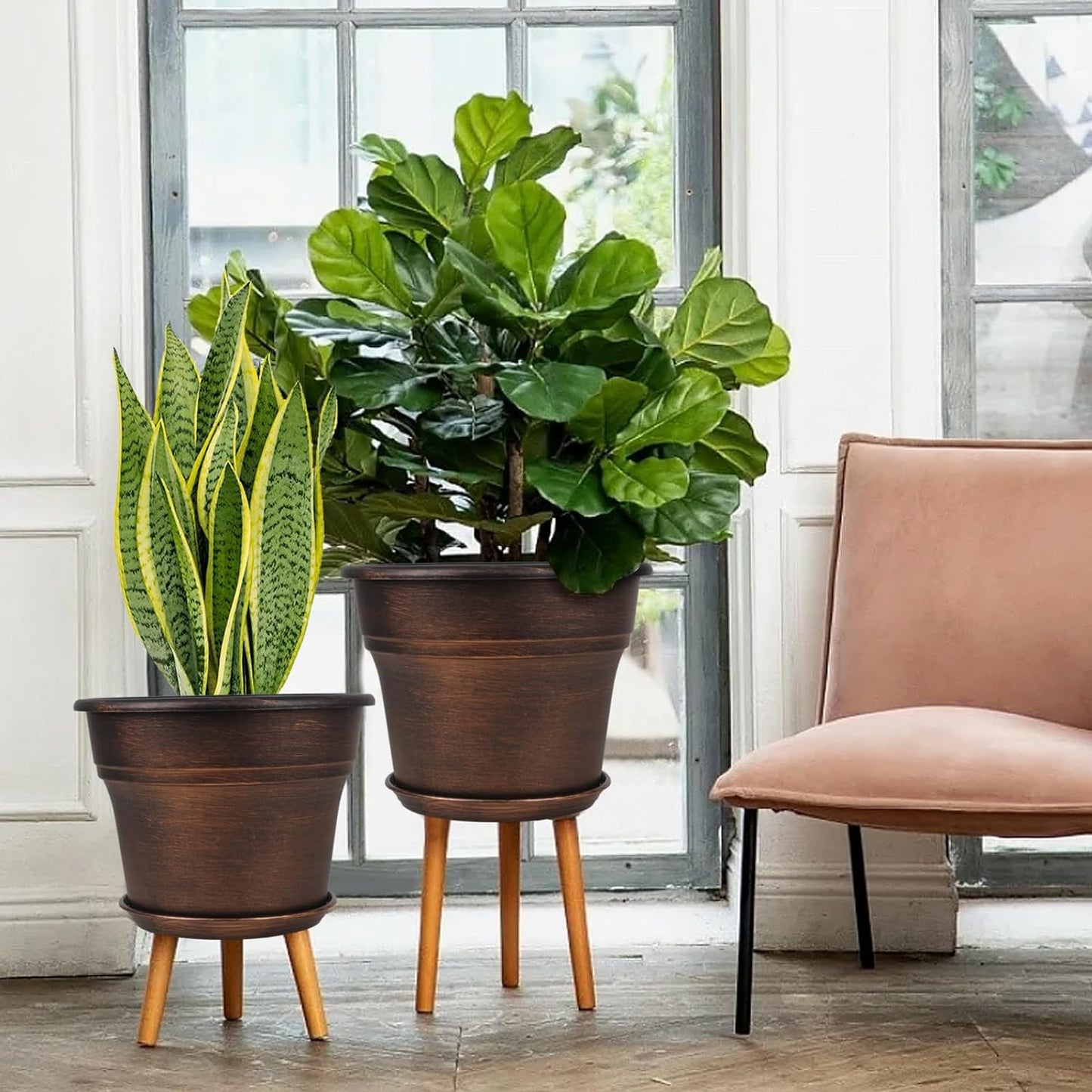 Fodetyff 10 Inch Planters Plant Pots Indoor Outdoor, 4 Pack Plastic Flower Pot for Indoor Plants with Drainage Holes & Trays, Resin Decorative Container Sets with Saucer for House Garden Copper