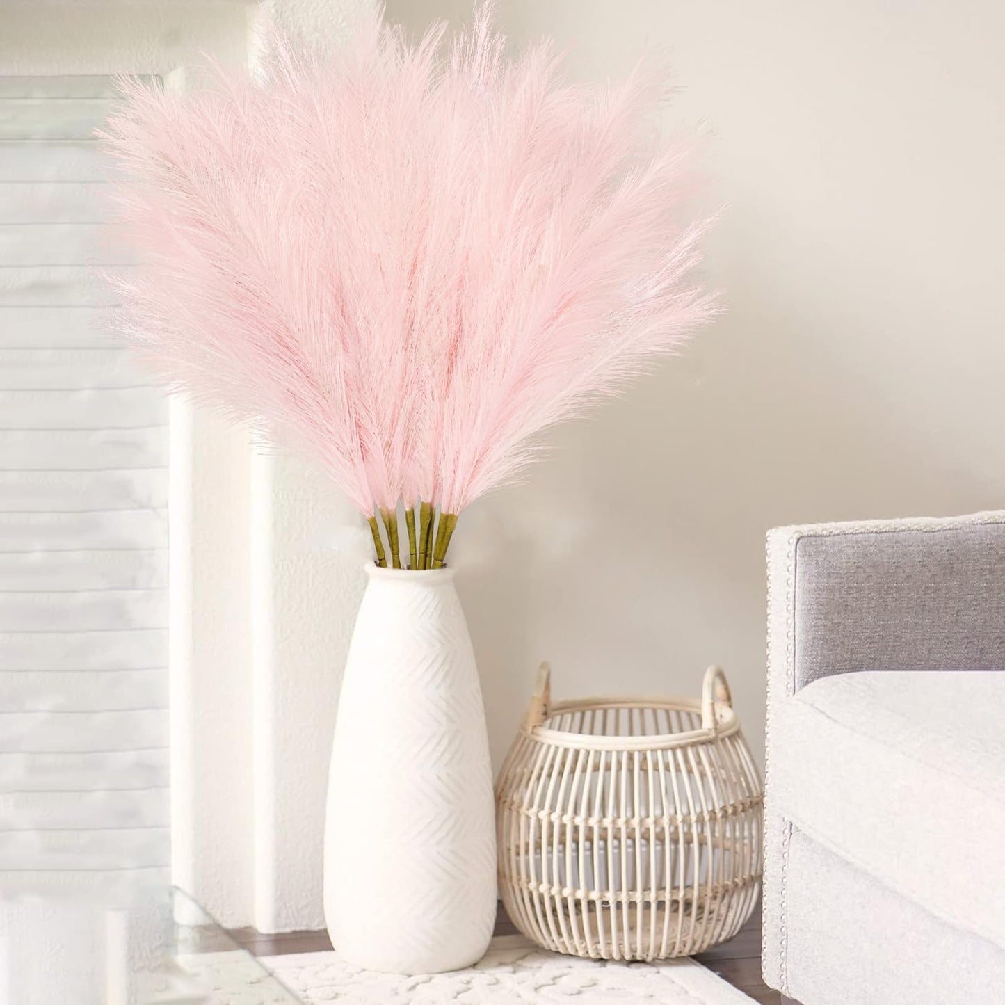 obbsie 50pcs Pink Faux Pampas Grass Decor, 21.6" Short Artificial Floral Branches Vase Filler Flower Arrangement for Home Wedding Boho Outdoor Decor