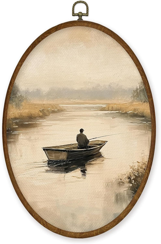 WULQYING Vintage Rustic Farmhouse Wall Art Decor, Nature Lake Fishing Boat Oval Framed Canvas Art Prints, Cottagecore Country Landscape Wall Hanging Decor for Home Bedroom Living Room, 8.6x11.4 Inches