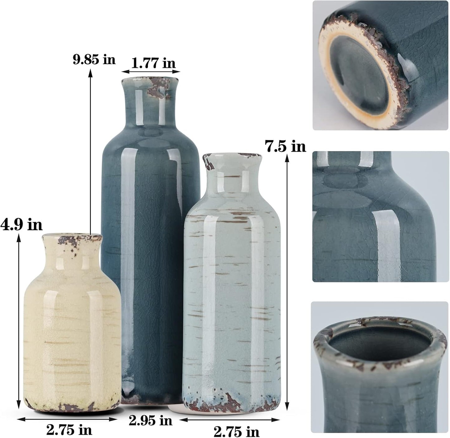 Blue Ceramic Vase Set - 3 Blue Small Vases, Farmhouse Country Flower Vase Home Decor, Living Room Decoration, Table Decoration, Fireplace Decor, and Entrance Decorations Centerpieces