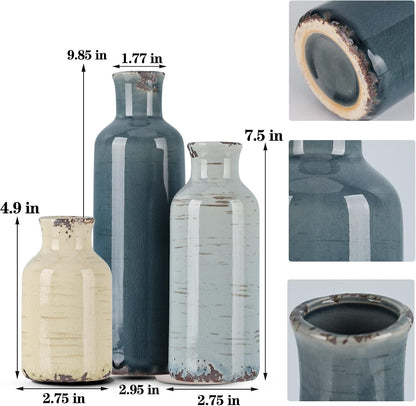 Blue Ceramic Vase Set - 3 Blue Small Vases, Farmhouse Country Flower Vase Home Decor, Living Room Decoration, Table Decoration, Fireplace Decor, and Entrance Decorations Centerpieces