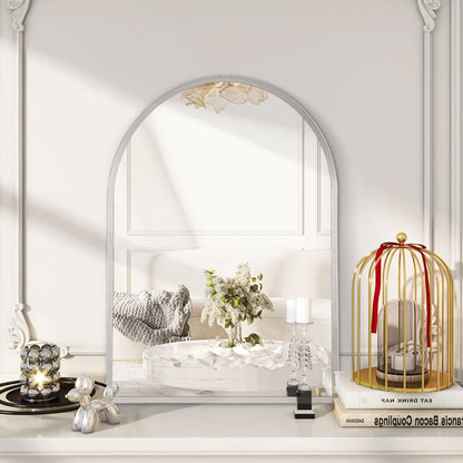 Black Arched Mirror, Modern Bathroom Wall Mirror Aluminum Alloy Framed Mirror Brushed Metal Vanity Wall Mounted Mirror for Livingroom Bedroom Entryway Room 16"x12"