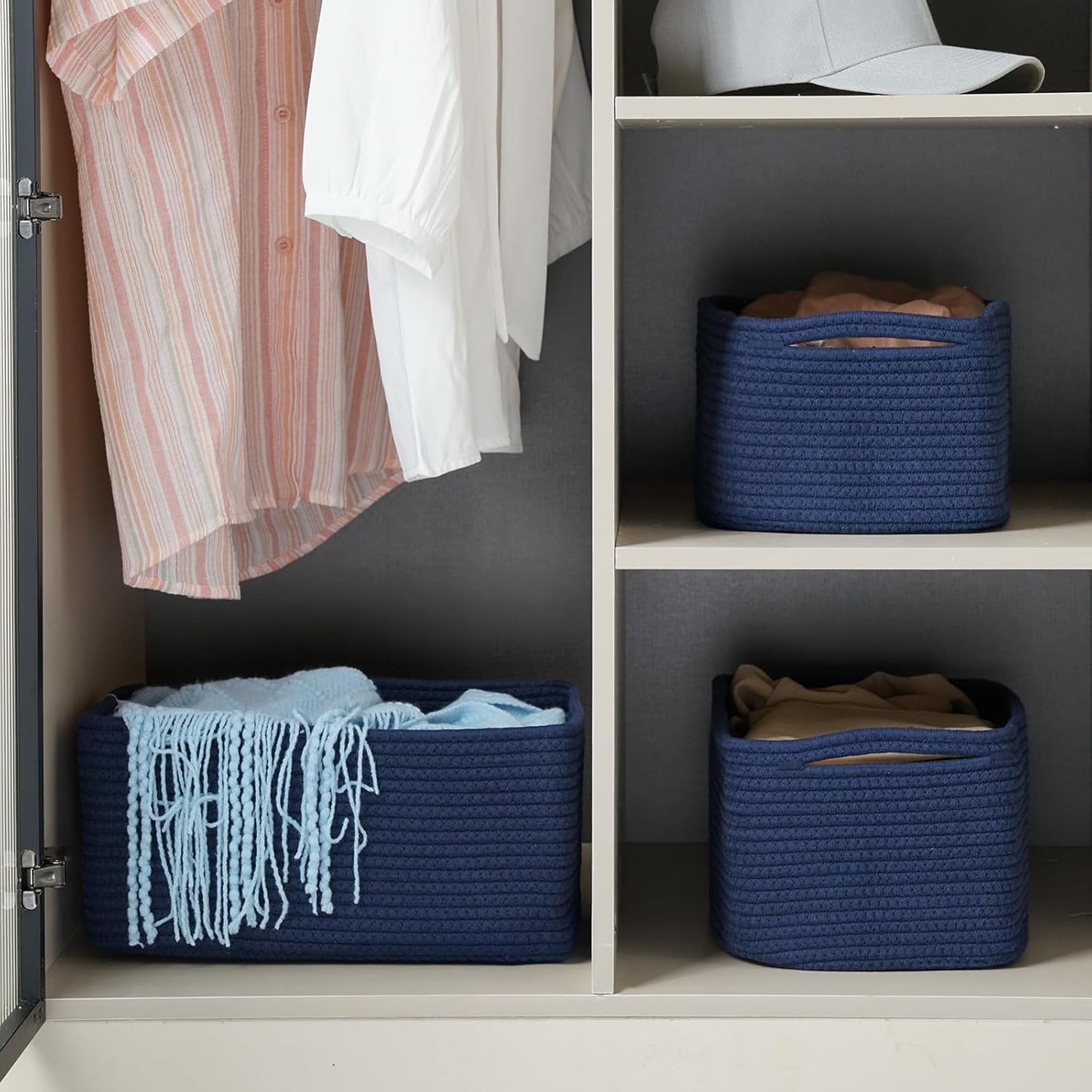 3-Pack Small Storage Baskets for Organizing | Woven Shelf Toy Basket | Rope Baskets for Gifts Empty | Closet Organizer Bins with Handles | Cube Decorative Box | 11.8×7.8×5.1” | Mixed brown
