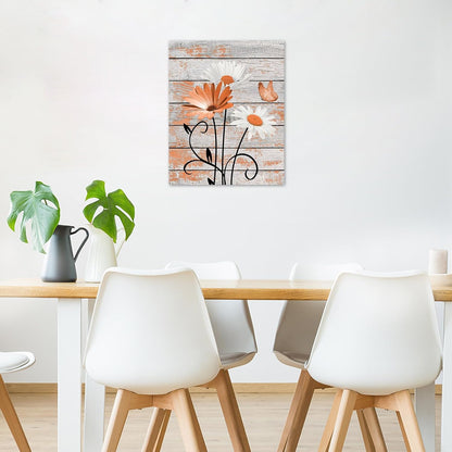 HVEST Farmhouse Floral Wall Art for Living Room, Blue and White Daisy Flower and Butterfly on Rustic Wood Board Canvas Wall Art Framed Artwork Ready to Hang for Bathroom Bedroom Decor, 16L X 12W