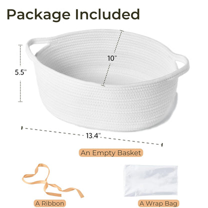 Small Woven Gift Basket Empty with Bag & Ribbon - Gifts for Mom, Baby Shower, Birthdays & Raffle - Cotton Rope Storage Basket for Dog Toys or Shelf - 12"x8"x5", White