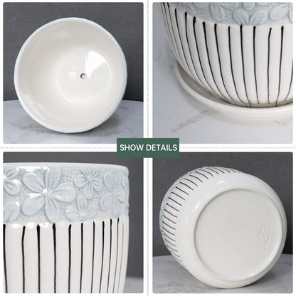 Ton Sin Grey Flower Pots, Texture Planter for Indoor Plants Set of 3 Ceramic Flower Pots with Saucer, Cute Garden Pots Succulent Pots, 6.75/5.6/4.2 Inch, Indoor Outdoor Home Garden Decor