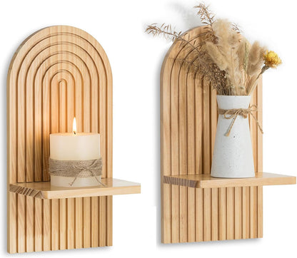 Mid Century Modern Candle Sconces: Set of 2 Walnut Boho Wall Candle Holder Decor for Living Room Fireplace - Arch Candle Shelf for Plants Pillars Candles