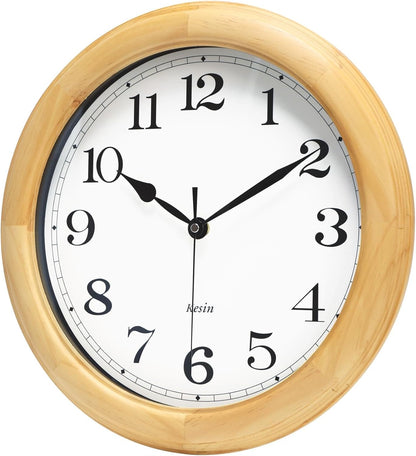 Wooden Wall Clock with Retro Design, 11 Inches Round Wall Clocks Battery Operated Silent Non-Ticking, Big Arabic Numerals, for Kitchen Living Room Classroom Gym and Pool, Brown