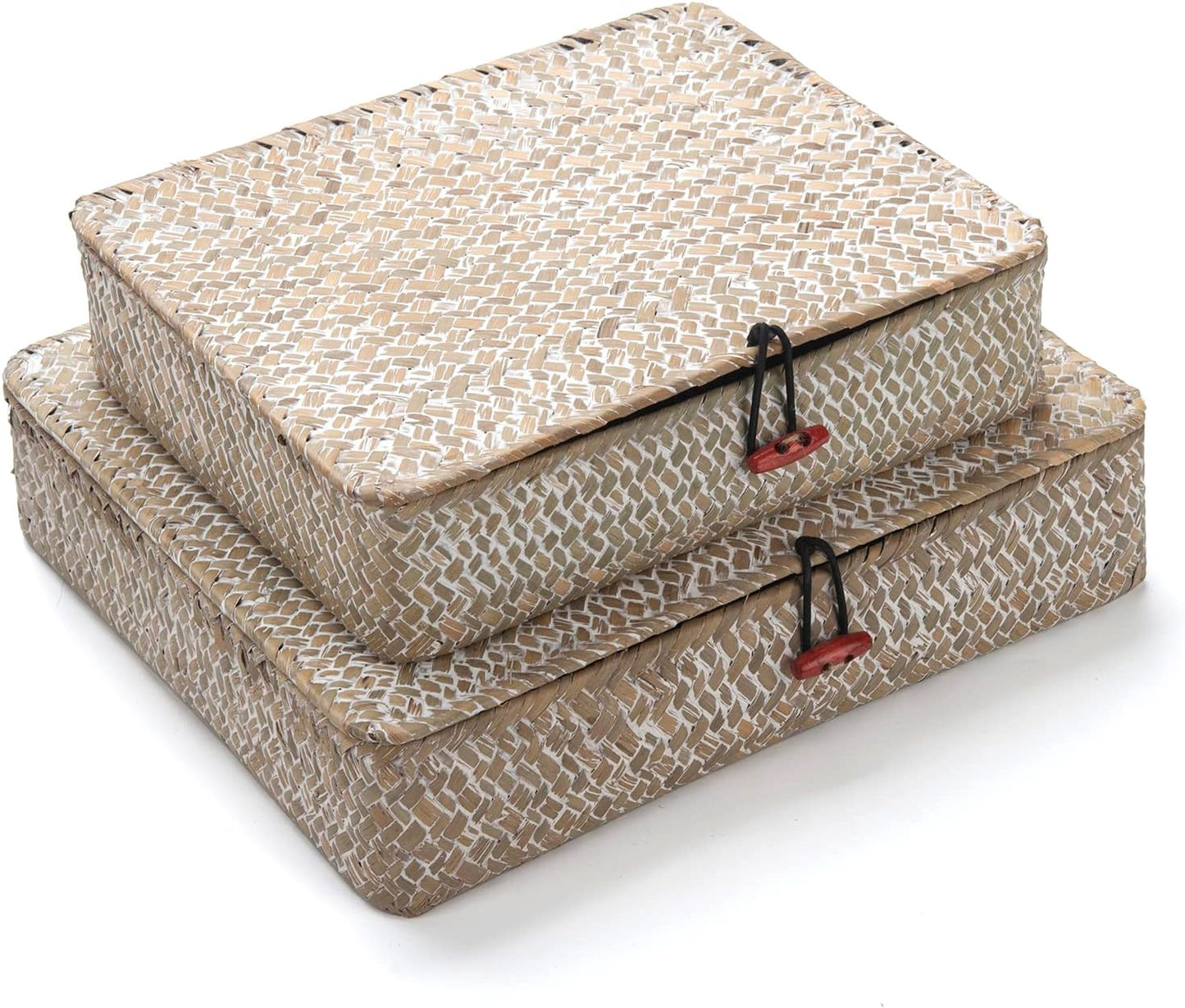 Seagrass Storage Basket Box with Lid Rectangular Woven Shelf Baskets Bins for Organize Snack Toys Set of 2 Natural Decorative(Large+Small)