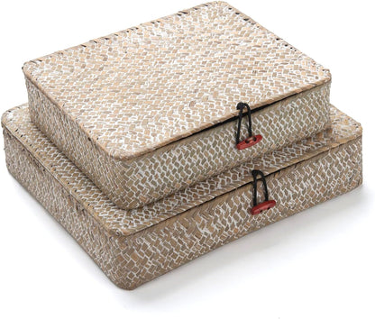Seagrass Storage Basket Box with Lid Rectangular Woven Shelf Baskets Bins for Organize Snack Toys Set of 2 Natural Decorative(Large+Small)