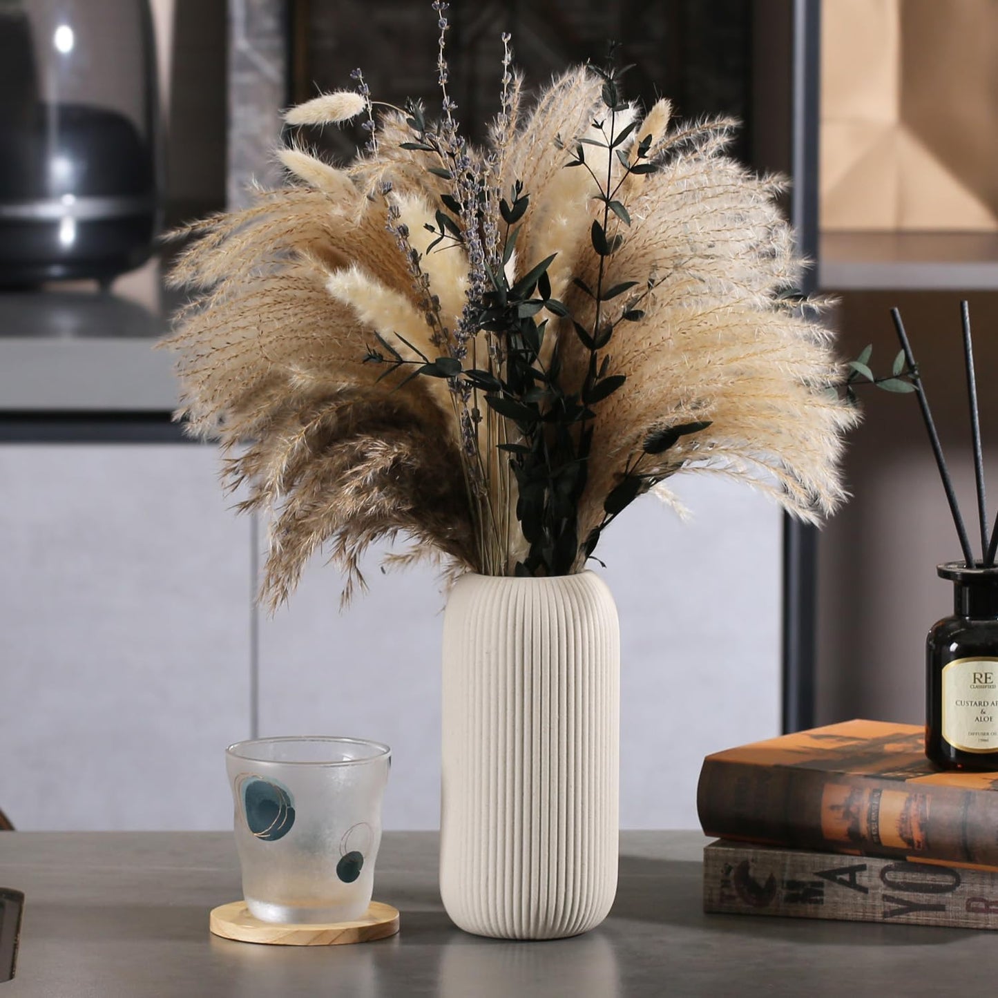 Bohemian White Ceramic Vase - for Pampas Grass, Mantel, Bookshelf, Entryway and Living Room Decor (White, 7in)