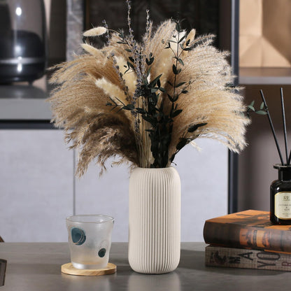 Bohemian White Ceramic Vase - for Pampas Grass, Mantel, Bookshelf, Entryway and Living Room Decor (White, 7in)