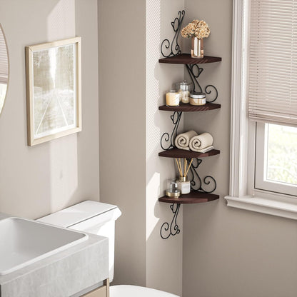 Alsonerbay Corner Shelf Wall Mount, 4 Tier Floating Shelves for Wall, Easy-to-Assemble Wall Shelves Rustic Wood Decor for Bedroom Living Room Bathroom Kitchen Office, Walnut Finish