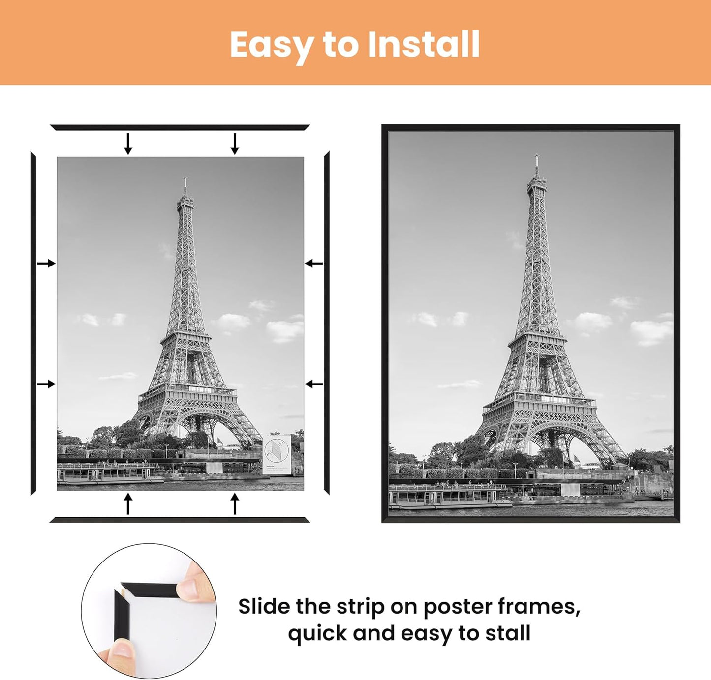 upsimples 24x36 Poster Frame Black 3 Pack, Scratch-Proof Picture Frames 24 x 36 for Photo Gallery - Slide-In Strips, Horizontal or Vertical Wall Mounting