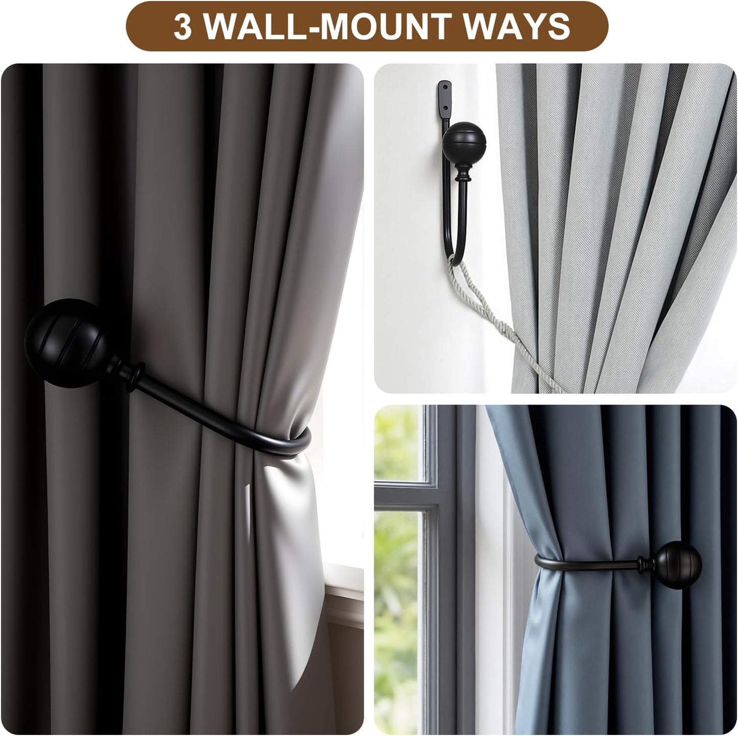 Curtain Holdbacks, 4pcs Curtains Holder Wall Mounted Drapery Tiebacks Retro Window Hook for Home Decor, Matte Black