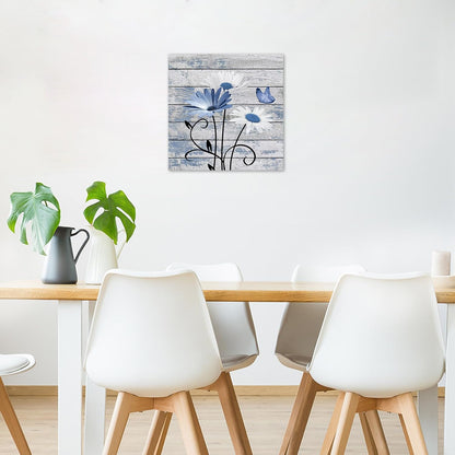 HVEST Farmhouse Floral Wall Art for Living Room, Blue and White Daisy Flower and Butterfly on Rustic Wood Board Canvas Wall Art Framed Artwork Ready to Hang for Bathroom Bedroom Decor, 16L X 12W