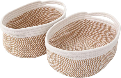 JMvicyroam Woven Basket,Small Rope Storage Bin with Handles & Ribbon Bag, Organizer for Shelves Closets,Gift Basket Empty for Birthday,Books,Dog Toys,White