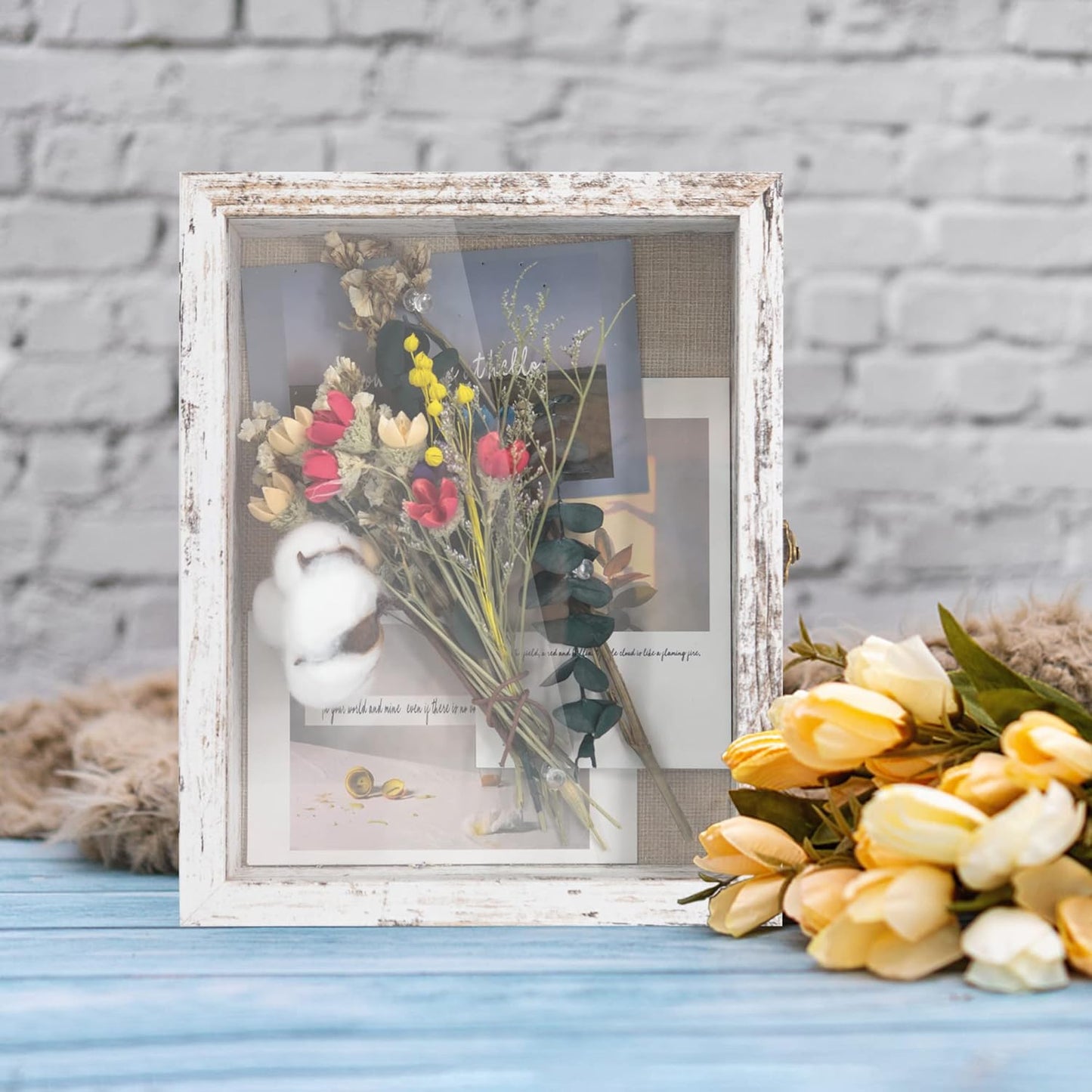 GraduationMall 13x16 Wood Shadow Box Frame Glass Door Display Case with Linen Back and 6 Stick Pins,1.5 inches Interior Depth,Ideal for Memorabilia Pictures Flowers Medals Tickets Rustic White