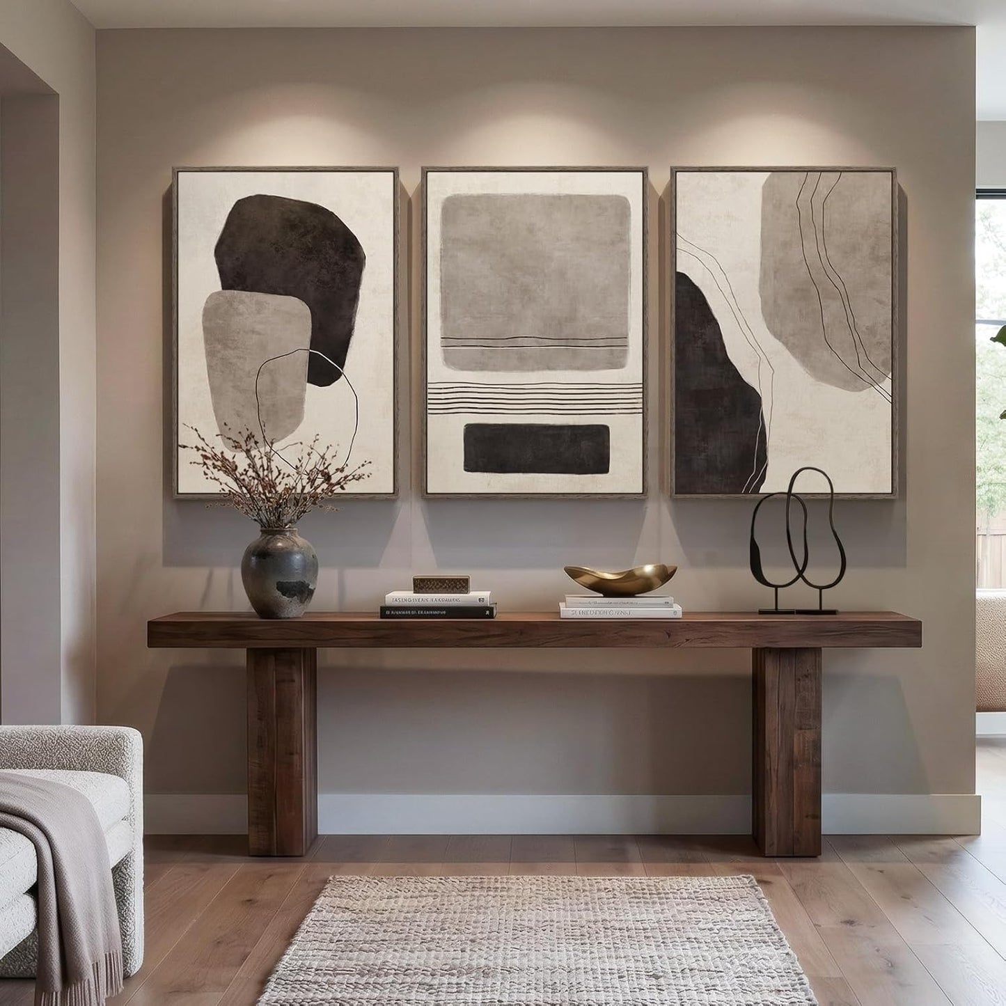 Large Framed Neutral Abstract Wall Art for Living Room, 3 Piece Modern Canvas Prints Paintings Artwork for Walls, Black and Beige Pictures for Living Room Hallway Stair Office Wall Decor 24x36 Inch