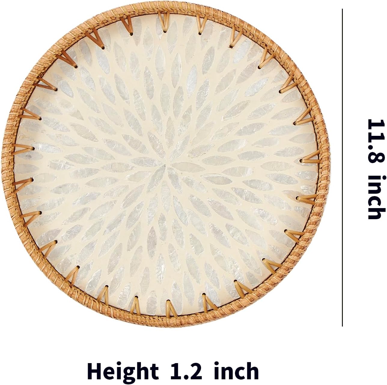 Round Rattan Tray with Mother of Pearl Inlay, Rattan Serving Tray with Wooden Base, Decorative Wicker Basket for Table Decor, Storage and Display of Coffee Bread Food Fruit (Leaf)