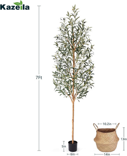 Faux Olive Tree 6FT – Tall Artificial Plants Indoor with Real Wood Trunk & Seagrass Basket, Lifelike Silk Leaves & Fruits – Potted Large Fake Trees for Home, Living Room, Bedroom & Office Decor