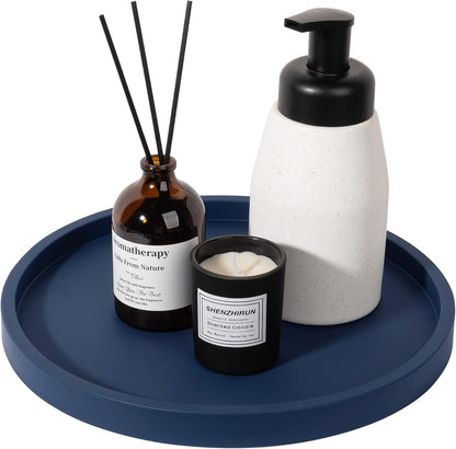 Silicone Bathroom Tray Round Vanity Tray Decorative Soap Holder Kitchen Countertop Organizer Coffee Table Decor for Candle, Perfume, Plant, 9 Inch, Black