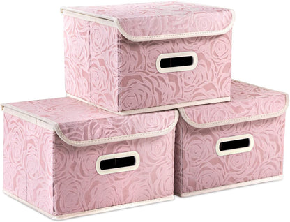 PRANDOM Larger Collapsible Storage Bin with Lid [1-Pack] Fabric Decorative Storage Box Cube Organizer Container Baskes with Handles Divider for Bedroom Closet Living Room Pink 17.7x11.8x11.8 Inch