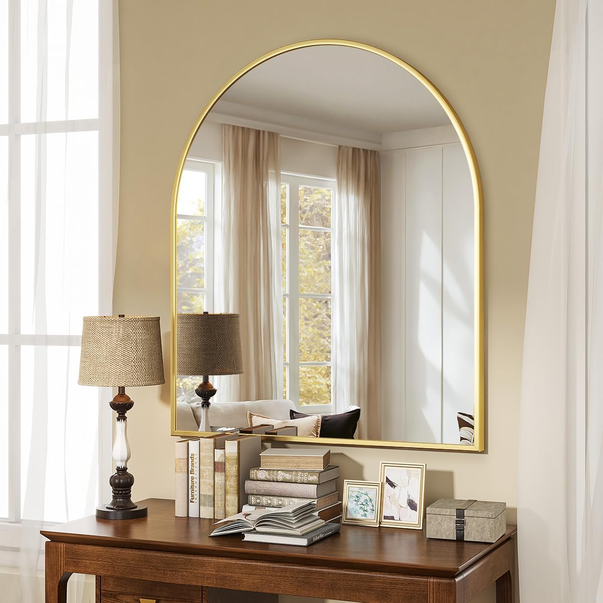 VooBang Arched Wall Mirror, 24 x 36 inch Arch Bathroom Mirror, Wall Mounted Vanity Mirror with Arch Metal Frame, Modern Bathroom Vanity Mirror for Bedroom, Living Room, Hanging or Leaning, Black