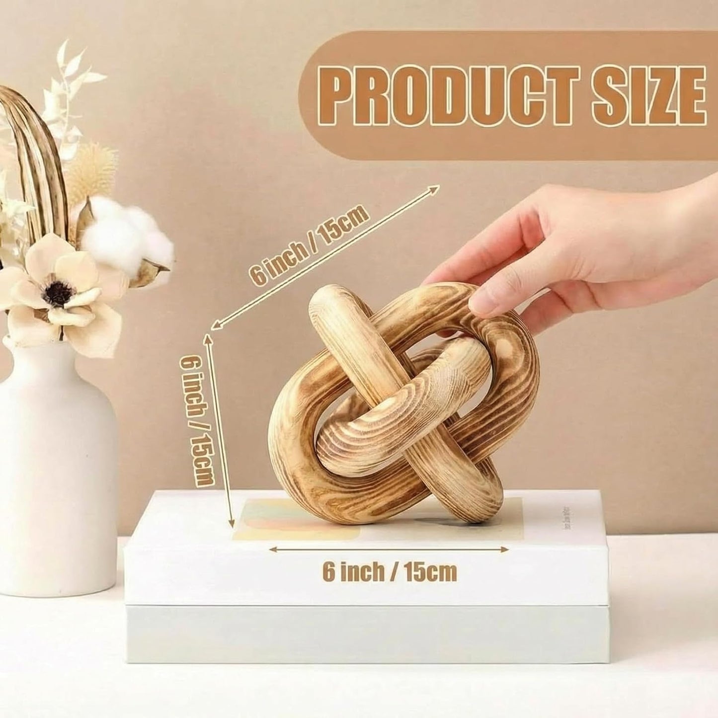 Yalikop 3 Link Wood Knot Decor Rustic Home Décor Accents Hand Carved Coffee Table Decoration, Boho Chain Link Decoration, Modern Shelf, Rustic Objects for Home Living Room Bedroom(White)