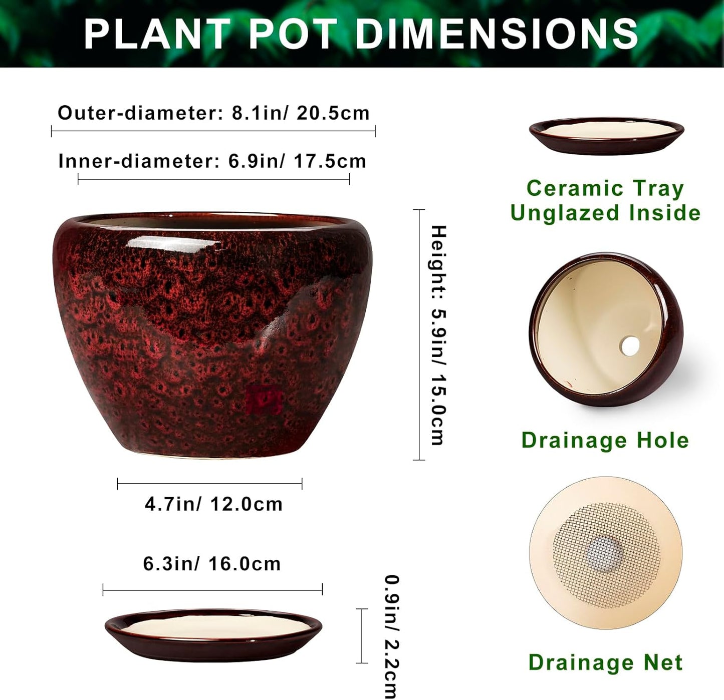 6 Inch Plant Pot - Ceramic Pots for Plants with Drainage Hole and Saucer, Round Succulent Planter Indoor Outdoor, Modern Flower Pot for Snake Plants, Home Decor, Gifts for Plant Lover, Blue