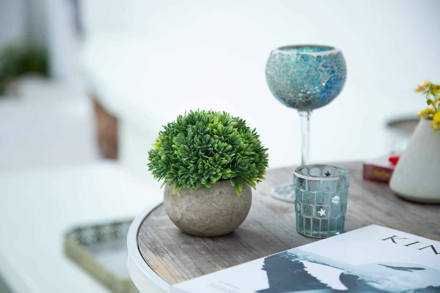 Velener Mini Sage Green Potted Boxwood Topiary Artificial Plants for Home Decor Indoor, Farmhouse House Plant Office Small Desk Shelf Apartment Coffee Bar Bathroom Decor Guest Room, Small Fake Plant
