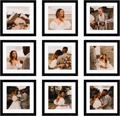 12x12 Picture Frame Set of 9, Display Pictures 8x8 with Mat or 12x12 without Mat, Multi Collage Gallery Square Photo Frames for Wall or Tabletop, Black