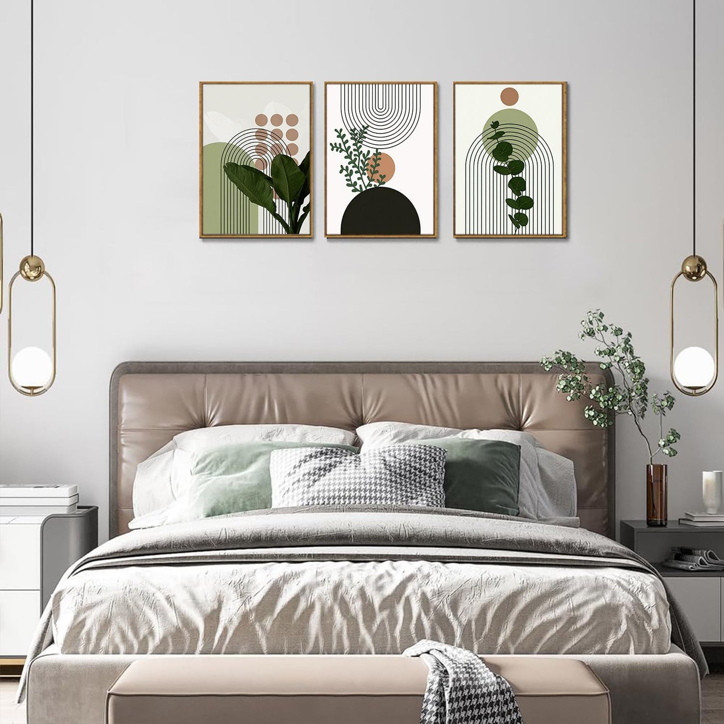 Bwodke Boho Wall Art, Framed Abstract Wall Art, Green Botanical Neutral Canvas Wall Decor, Large Mid Century Plant Pictures Set of 3, Modern Minimalist Paintings, for Bedroom Living Room Bathroom