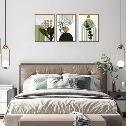 Bwodke Boho Wall Art, Framed Abstract Wall Art, Green Botanical Neutral Canvas Wall Decor, Large Mid Century Plant Pictures Set of 3, Modern Minimalist Paintings, for Bedroom Living Room Bathroom