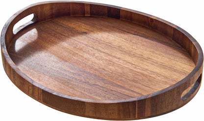 SARUFO Acacia Wood Round Ottoman Tray – Decorative Serving Tray with Handles for Coffee Table, Breakfast in Bed, Living Room, Kitchen Counter, Candle Display, Tea Party, Lunch, Dinner, Bathroom