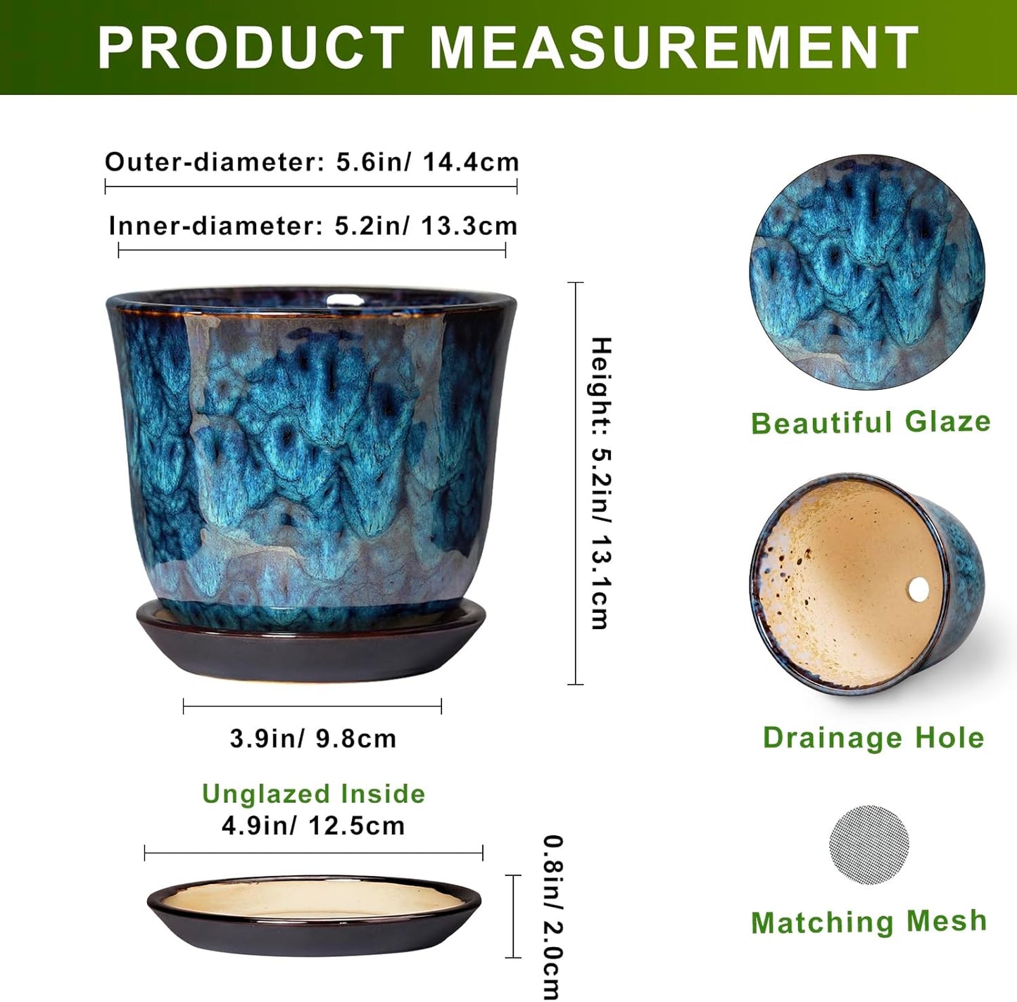 Ceramic Plant Pots - 12 Inch Pots for Plants Indoor Outdoor, Large Round Planter with Drainage Hole and Saucer, Modern Decorative Flower Pot, Home Garden Decor, House Warming Gifts, Blue