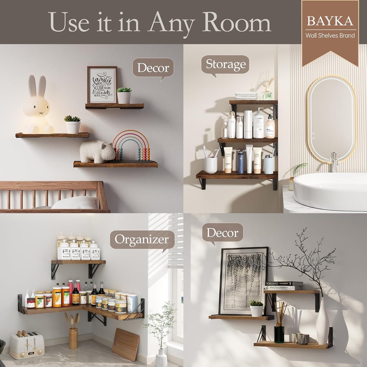 BAYKA Wall Mounted Floating Shelves, Wood Floating Wall Shelf for Books & Decor, Small Space-Saving Display & Organizer（Black，Set of 3）