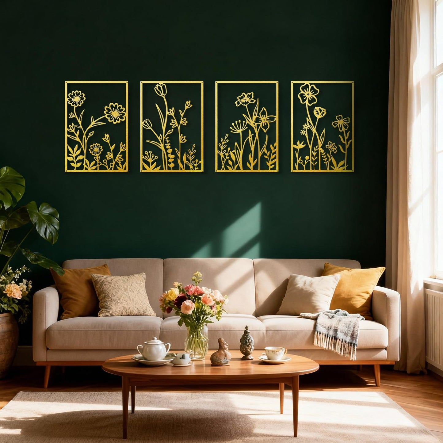 Sokurdeg Black Metal Flowers Wall Decor, Minimalist Floral Wall Hanging Art, Black Abstract Line Wall Art Sculptures for Bedroom Bathroom Living Room (4 Pcs, 12 x 17 in)
