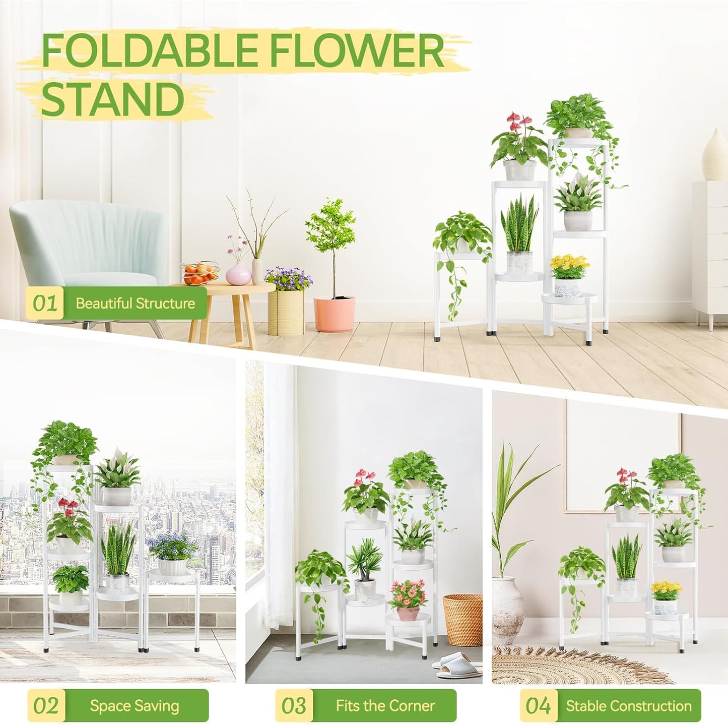iDavosic.ly Plant Stand Indoor Outdoor, 5 Tier Corner Metal Flower Display Holder Shelf, Folding Tall Orchid Rack for Patio Balcony Porch Garden Living Room House, Black