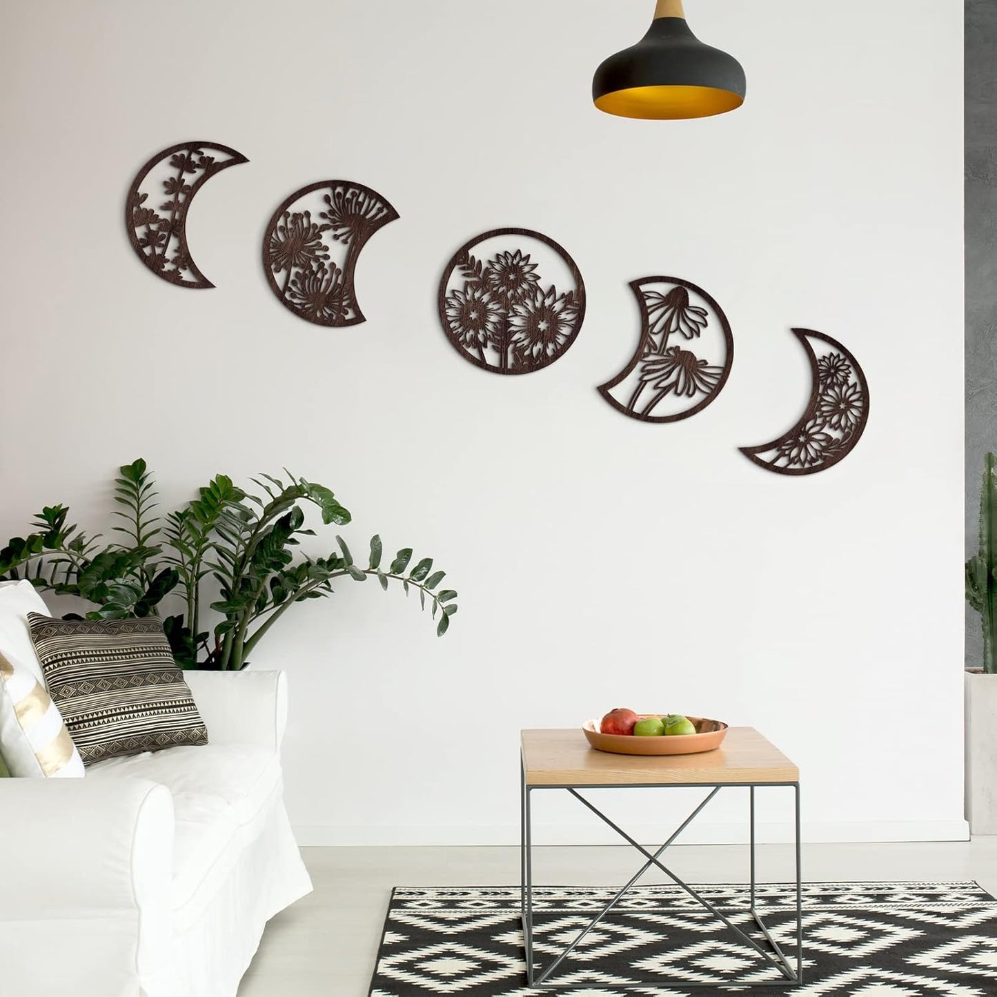 Jetec 5 Pcs Moon Phase Wall Art Decor Wall Pediments Hanging Wooden Phase Spiritual Bedroom Nordic Boho Lunar Aesthetic Art for Living Room Dorm Apartment Ornament(Brown,10.6 Inch,Botanical)