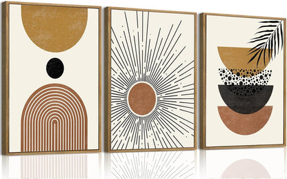 Bwodke Boho Wall Art, Framed Abstract Wall Art, Green Botanical Neutral Canvas Wall Decor, Large Mid Century Plant Pictures Set of 3, Modern Minimalist Paintings, for Bedroom Living Room Bathroom