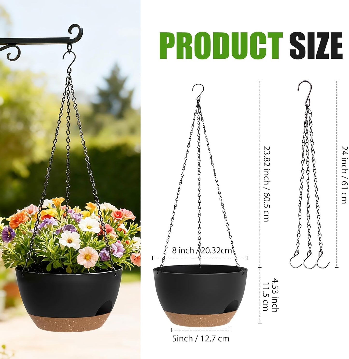 8 Inch Hanging Planters for Indoor Outdoor Plants, 4 Pack Black Plastic Self Watering Hanging Baskets with Drainage Holes and Chain for Garden Porch