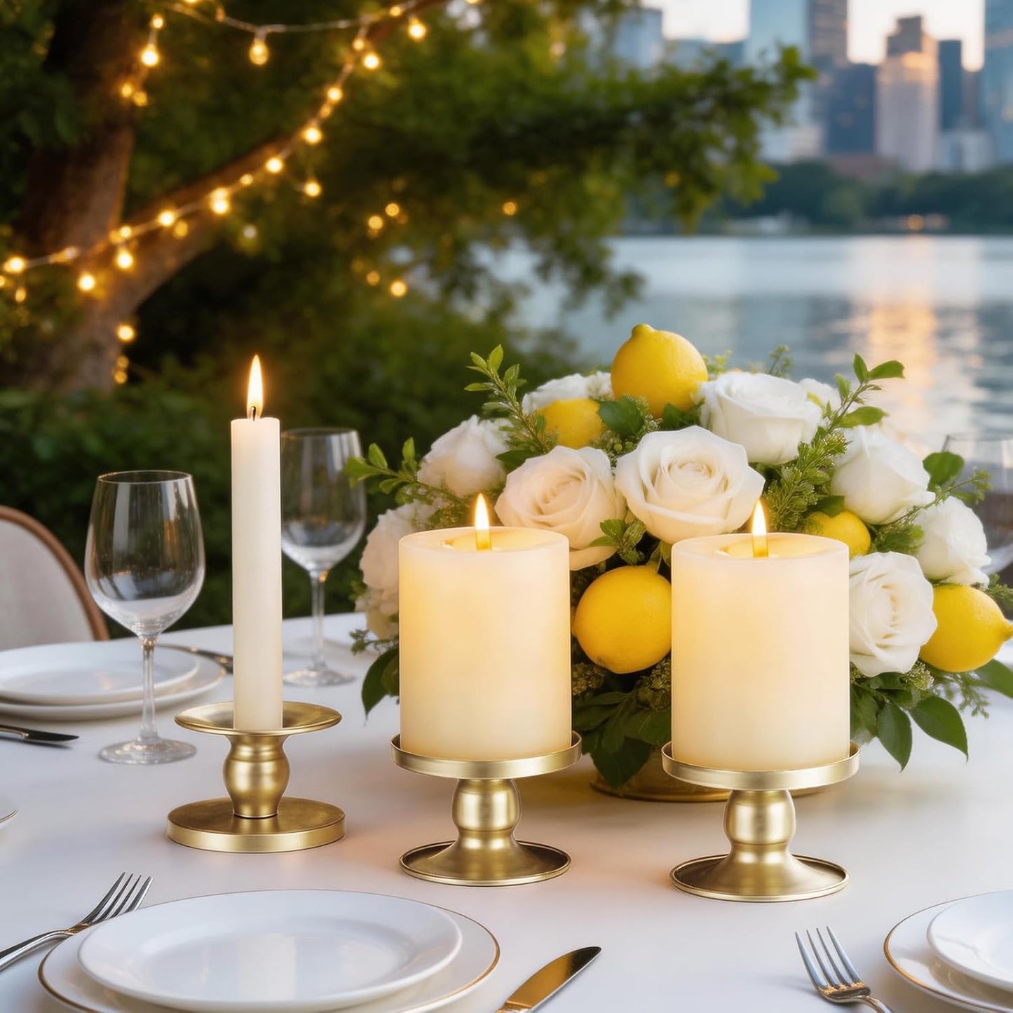 Pillar & Taper Dual Candle Holder: Fit 3"D and 0.87"D Candles - Stable Wide Base & Easy Clean - Smooth Metal Texture Candlestick for Wedding Home Holiday Table Centerpiece Decor - Set of 3 Gift (Gold)