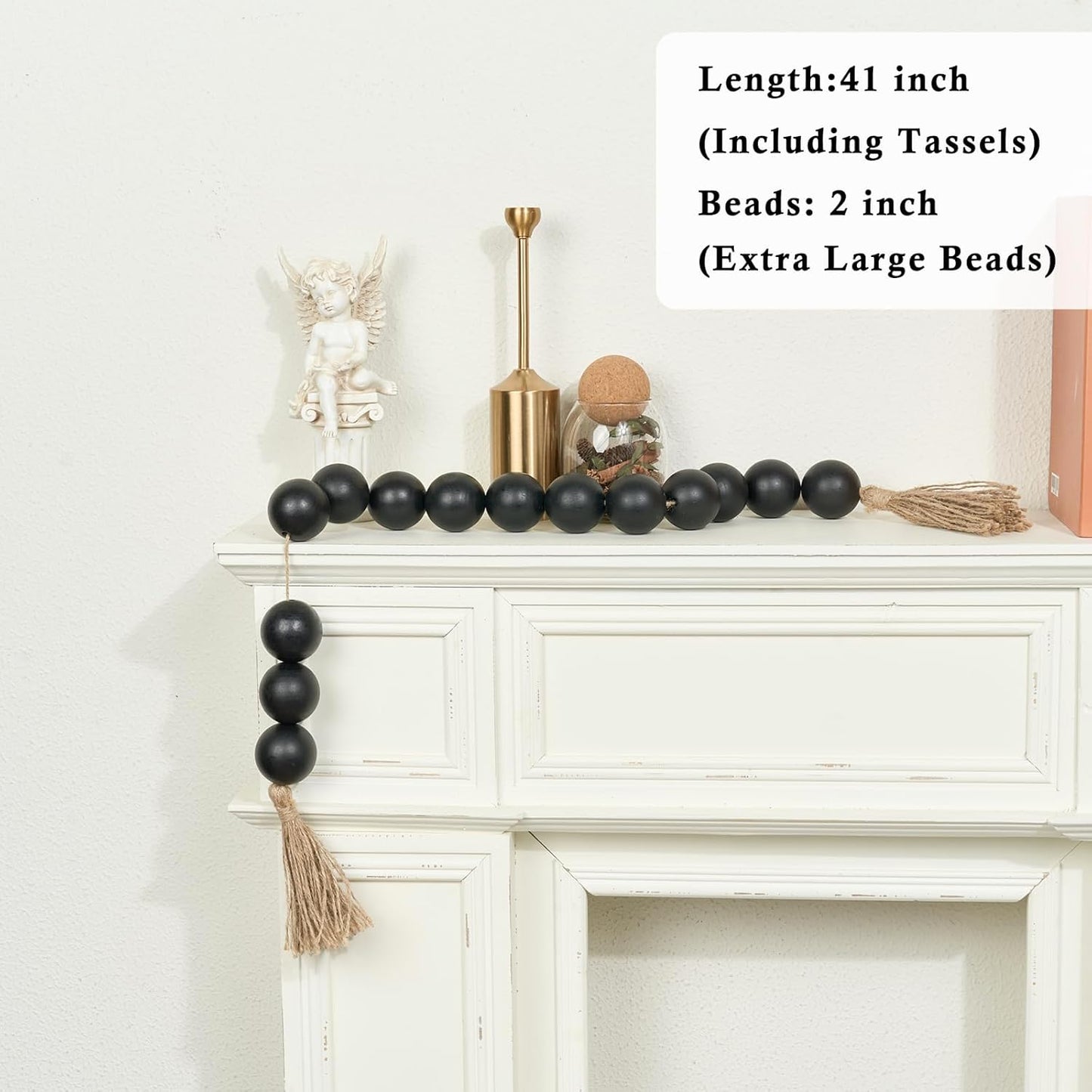 OMISHE Extra Large Wood Bead Garland with 2" Diameter Wooden Beads, 25.5" Long Rustic Farmhouse Decorative Wooden Beads Garland with Tassels, Boho Decorations for Home Table Mantle, Black