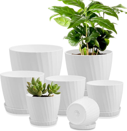 YNNICO Indoor Self Watering Planters with Drainage Holes and Saucers, 8, 7, 6.5, 6, 5.5, 5 Inches, Black, 6 Pots