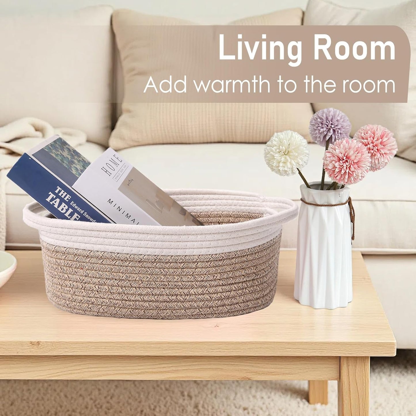 JMvicyroam Woven Basket,Small Rope Storage Bin with Handles & Ribbon Bag, Organizer for Shelves Closets,Gift Basket Empty for Birthday,Books,Dog Toys,White