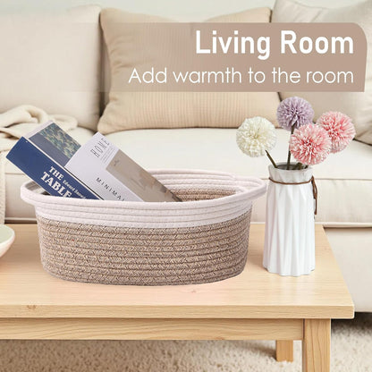 JMvicyroam Woven Basket,Small Rope Storage Bin with Handles & Ribbon Bag, Organizer for Shelves Closets,Gift Basket Empty for Birthday,Books,Dog Toys,White